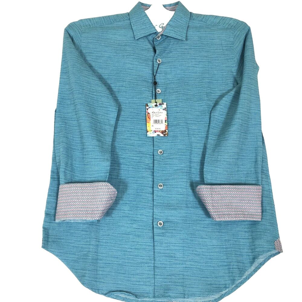 Robert Graham Contrast Flip Cuff Mens Linen Long Sleeve Shirt Size S Turquoise